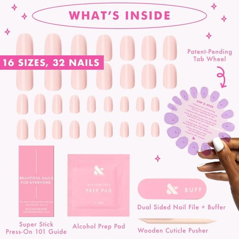 Olive & June Classic Super Stick Mani Press On Nails | Valentine's Day | Short, Round No Glue Needed | 32 Tab Nails in 16 Sizes | Non-Toxic Tabs Easy On-Off Non-Damaging 7-Day Wear |Gelato Pink