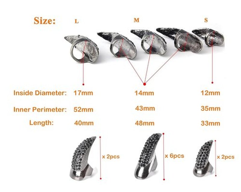 10 Pcs Halloween Costume Fake Finger Claws - Gothic Punk Cosplay Nail Rings - Sparkling Crystals Paved Party Accessories for Girls Women Men - Witch Vampire Paw Fingertip Claw Nails, 3 Sizes - Black