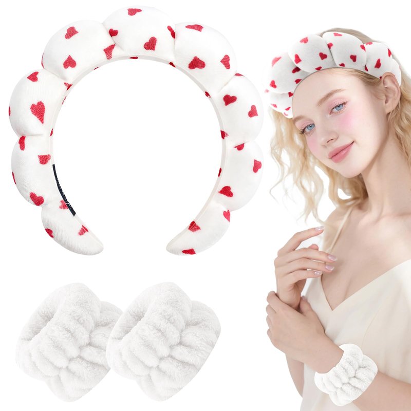 Zkptops Spa Headband for Washing Face Wristband Set Sponge Makeup Skincare Velvet Fabric Bubble Soft Get Ready Hairbands for Women Puffy Headwear Non Slip Thick Thin Hair Accessory (Red Heart)