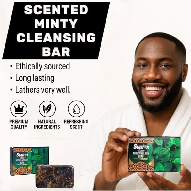 Raw natural authentic organic African black soap bar for acne and dark spots, face and body ghana black african soap scented with mint.