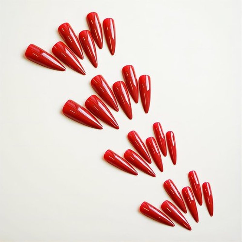 Long Stiletto Press on Nails Almond Fake Nails Solid Color Acrylic False Nails with Luxurious Mirror Design Red Full Cover Artificial Nails Press ons Stick on Nails for Women 24Pcs