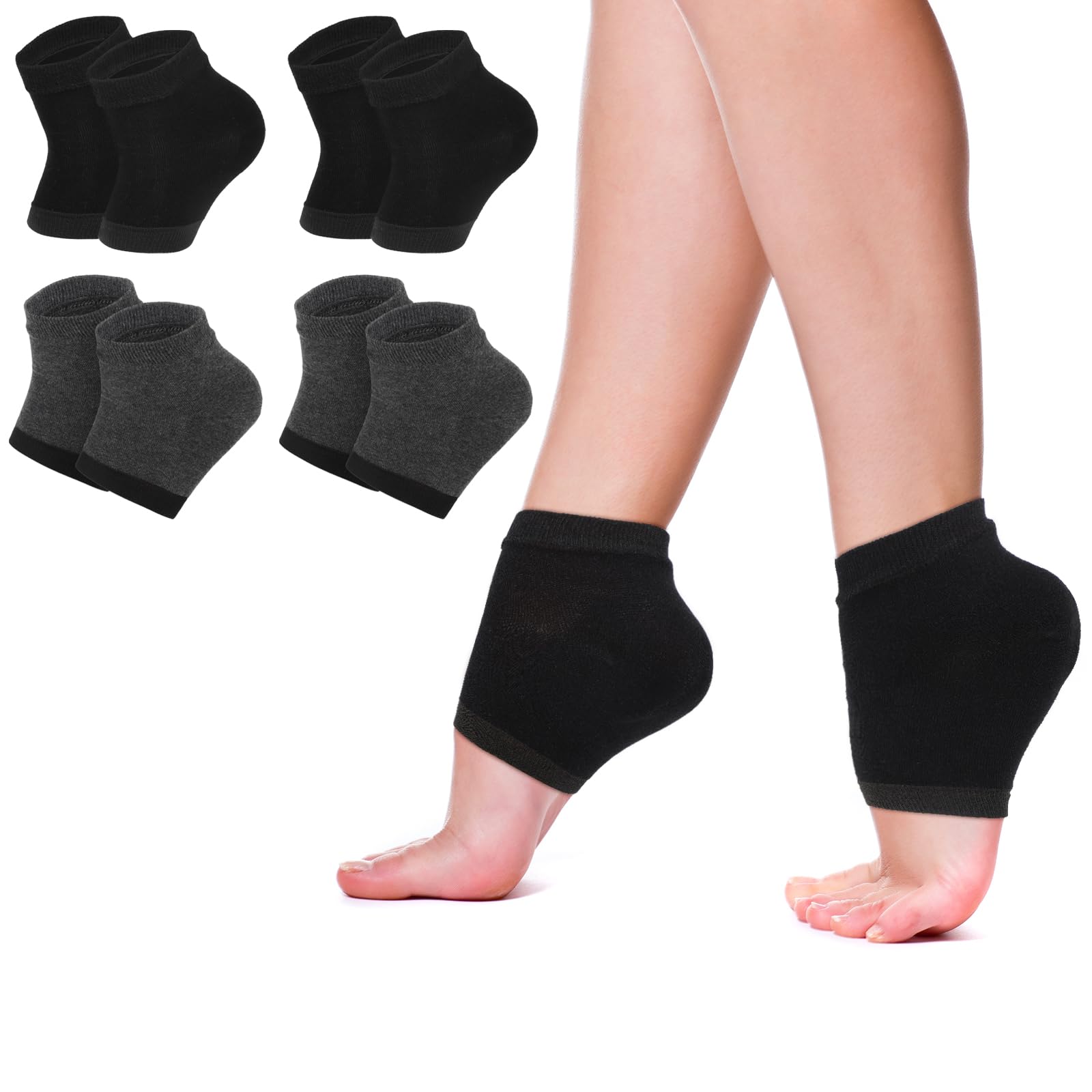 Segbeauty Feet Moisturizing Socks, 8 Counts Moisturizing Gel Heel Socks for Dry Cracked Heels, 4 Pairs Foot Care Moisture Socks for Dry Feet Overnight, Gel Lined Foot Moisturizing Open Toe Socks Black