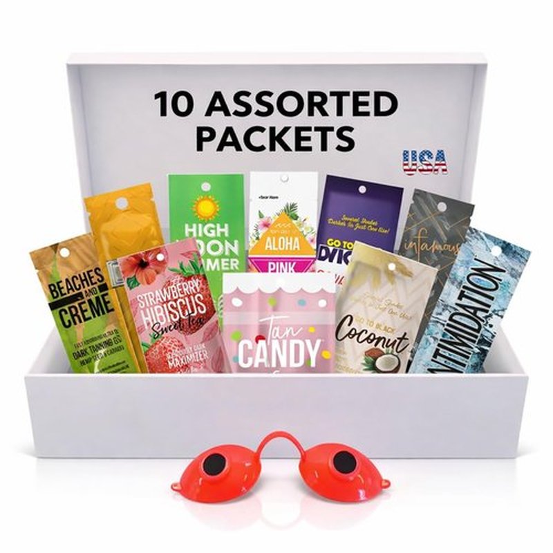 10 Pack of Tanning Bed Lotion Packets + Eyewear – The Tan Box, Best Indoor UV or Outdoor Sun Cream, Dark Accelerator with Goggles (0.5 oz each)