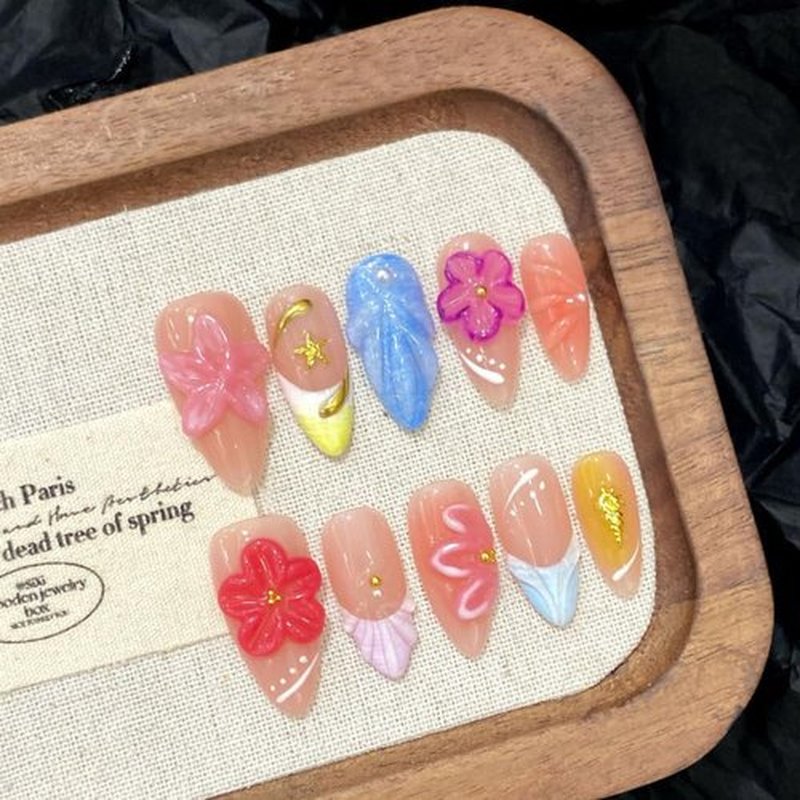 Amofatia Press on Nails Almond - Handmade Manicure Custom Art Reusable False Nails 10pcs with Solid Nail Glue&Nail Adhesive Tabs (677-S)
