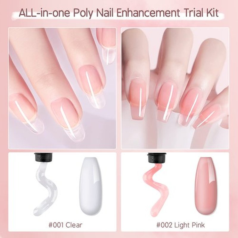 Poly Nail Gel Builder Kit - Clear & Light Pink Gel Extension Starter Kit with Slip Solution, Rhinestone, DIY Manicure Home Gift