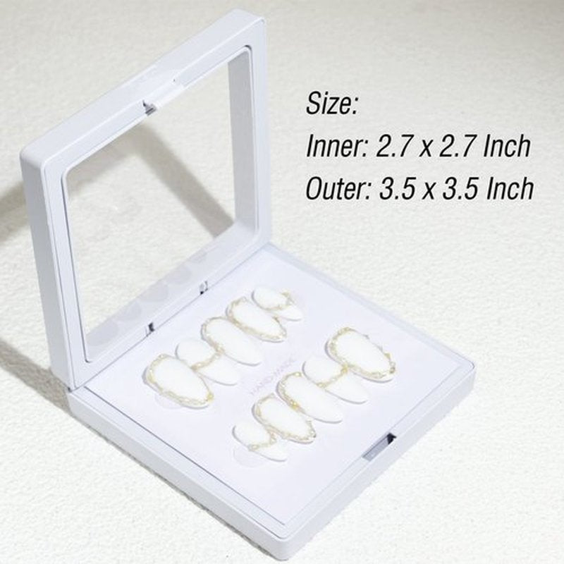 LIGHT RAIN Press on Nail Packaging Storage Box Case - 3.5 x 3.5 X 0.8 Inch 3D Floating Frame 24 pcs, Display Card 24 pcs, Pre-cut Double Sided Strong Tape 48 pcs, OPP bag 24 pcs