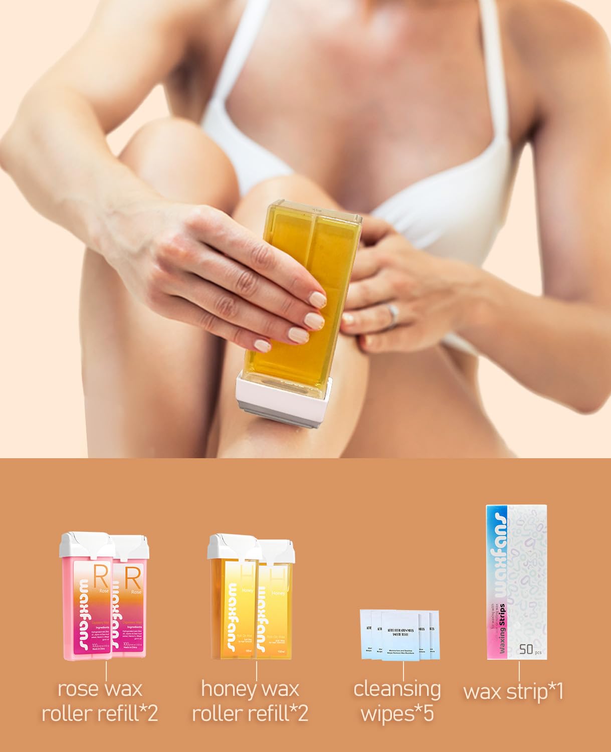 Waxfans Roll On Wax Roller (4 Packs) - Depilatory Hair Removal for Body, Legs, Arms - 3.53 Ounce Refills