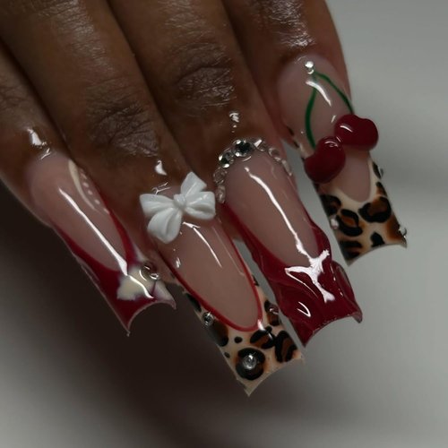 RIICFDD Long Press on Nails Square Leopard Print French Tip Fake Nails Glue on Nails with Cherry Charms and Rhinestones Designs Acrylic False Nails Full Cover Stick on Nail for Women 24Pcs