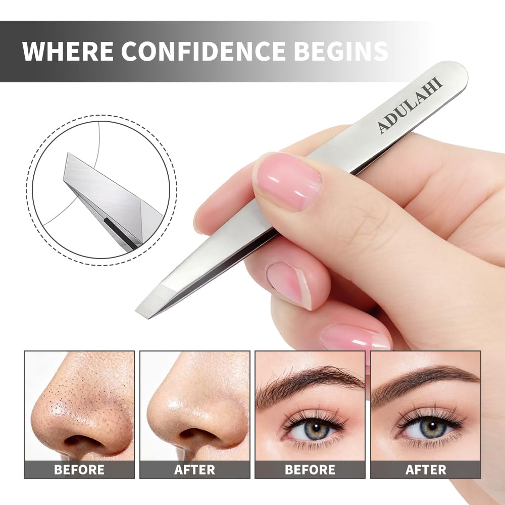 ADULAHI Professional Slant Tweezers for Eyebrows & Facial Hair - Precise Aligned Stainless Steel Remover with Storage Case(Pearl Silver)