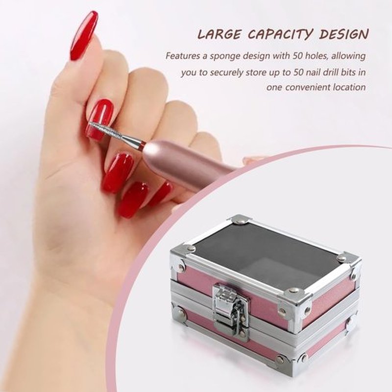 OLizee® 50 Holes Nail Drill Bits Holder with 7 Drill Bits Metal Nail Drill Tool Box Pink Nail Drill Bits Case Nail Drill Bits Organizer for Women Girls