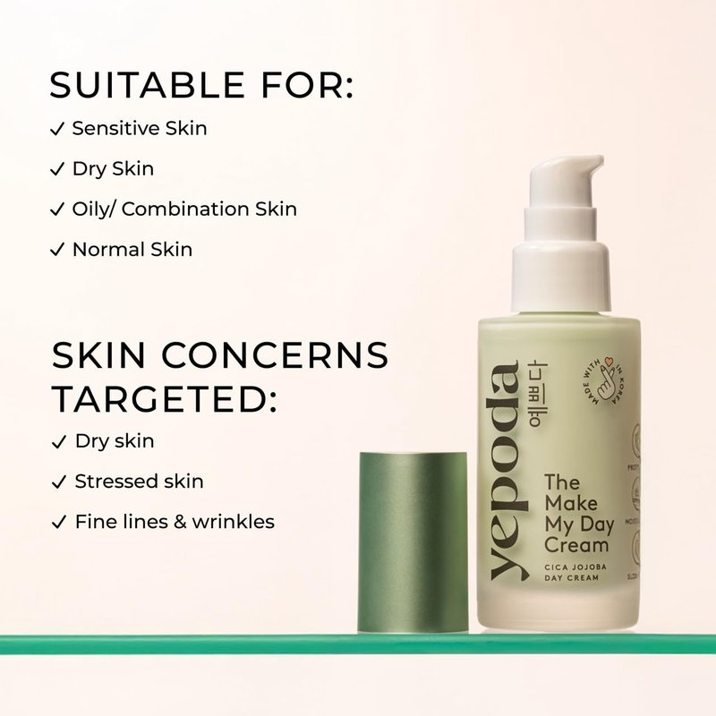 Yepoda Make My Day Cream – Hydrating Daily Moisturizer with Cica, Nourishing Vegan Korean Face Cream for Radiant-Looking Skin, Suitable for All Skin Types, 1.69 fl oz
