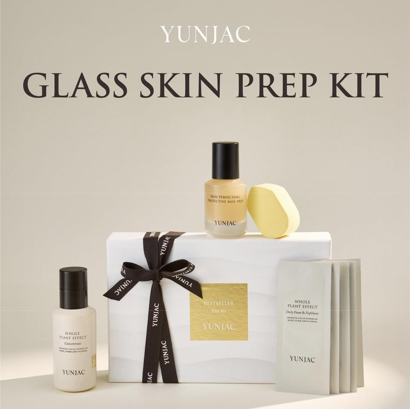 YUNJAC Glass Skin Prep Gift Set – Skincare & Makeup with Base Prep (0.84 fl oz), Concentrate Serum (1.35 fl oz), and Foam Exfoliant Samples (2g × 5ea) | Hydrating, Cleansing & Makeup-Ready Kit