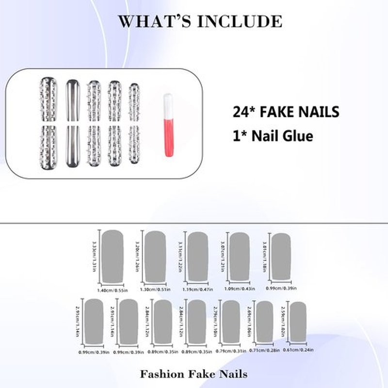 IMRAIN Press on Nails Long Square Fake Nails Metal Silver Acrylic False Nails with Rivets Design Chrome Gothic Full Cover Y2K DIY Nail Supplies Stick on Nails for Women Manicure
