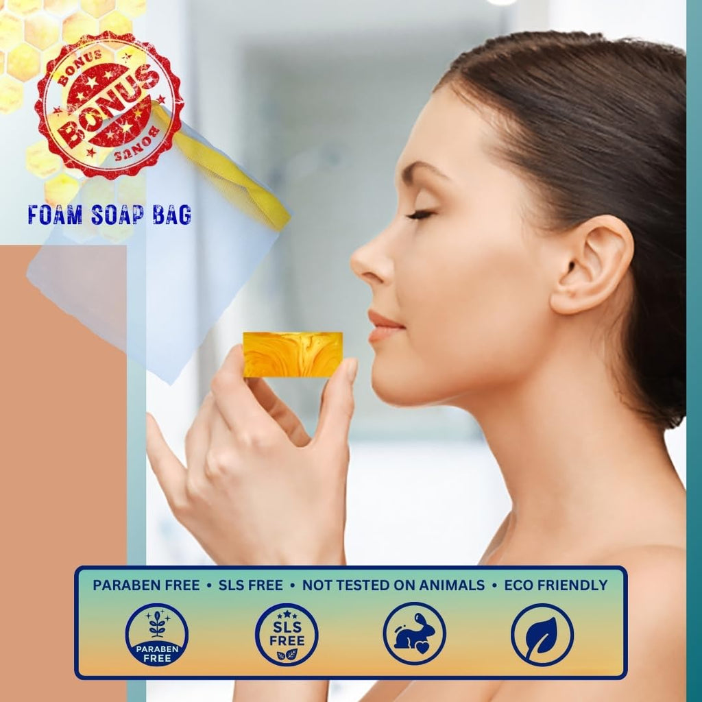 CLERZENA Honey Kojic Acid and Turmeric Soap for Dark Spots | Vitamin C & E, Retinol, Collagen Kojic Acid Soap Bar | Dark Spot Remover for Face | Turmeric Face Soap for Women and Men