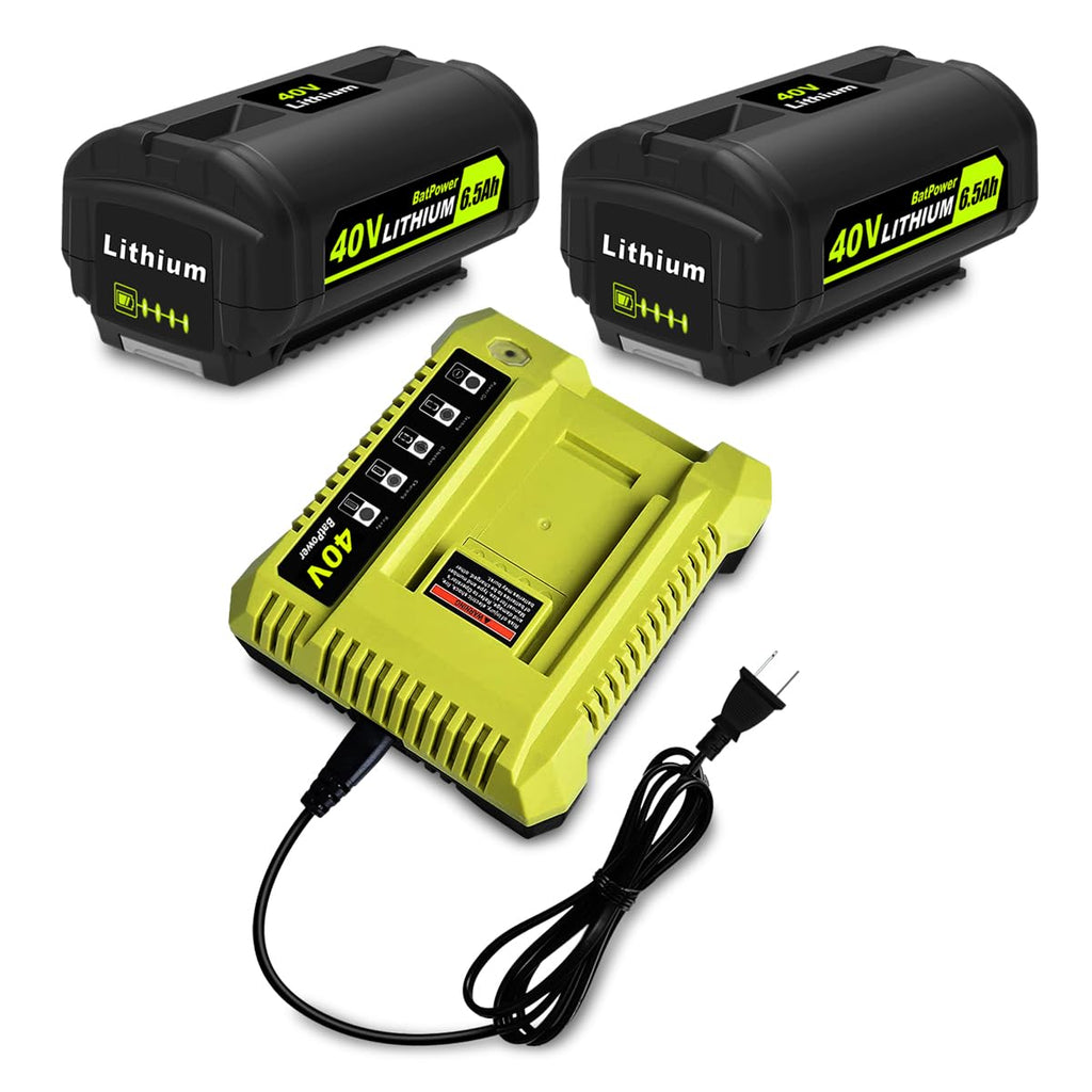 BatPower 2-Pack 6.5Ah 40V Replacement Battery and Charger Starter Kit Compatible with Ryobi 40V Tools, 2 High Capacity Lithium-Ion Batteries and 1 Charger OP4050A OP401 (3-Piece Set)