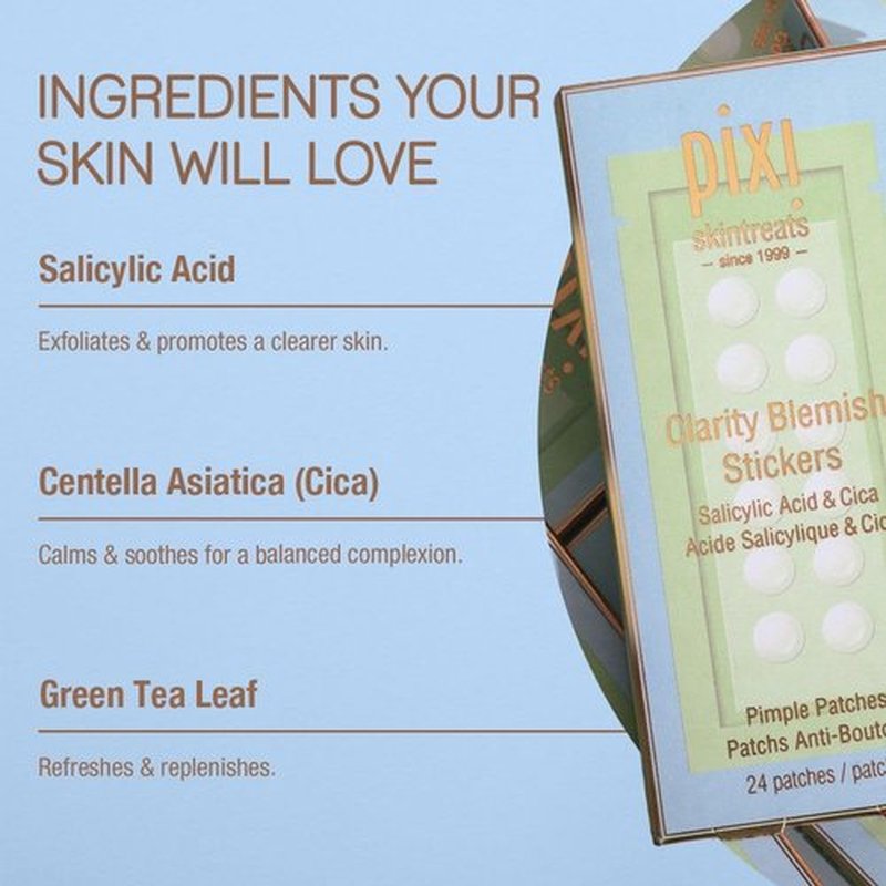 Pixi Clarity Blemish Stickers | Pimple Patches with Salicylic Acid, Green Tea & Cica for Clear & Balanced Skin | Translucent & Gentle | On-the-Go Spot Treatment | 24 patches