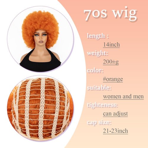 FYIMUYI Afro Wig - Soft 70s For Black Women Short Curly Afro Kinky Wig Large Bouncy And Soft Natural Looking Synthetic Wigs For Daily And Party Halloween Costume Use (#Orange)