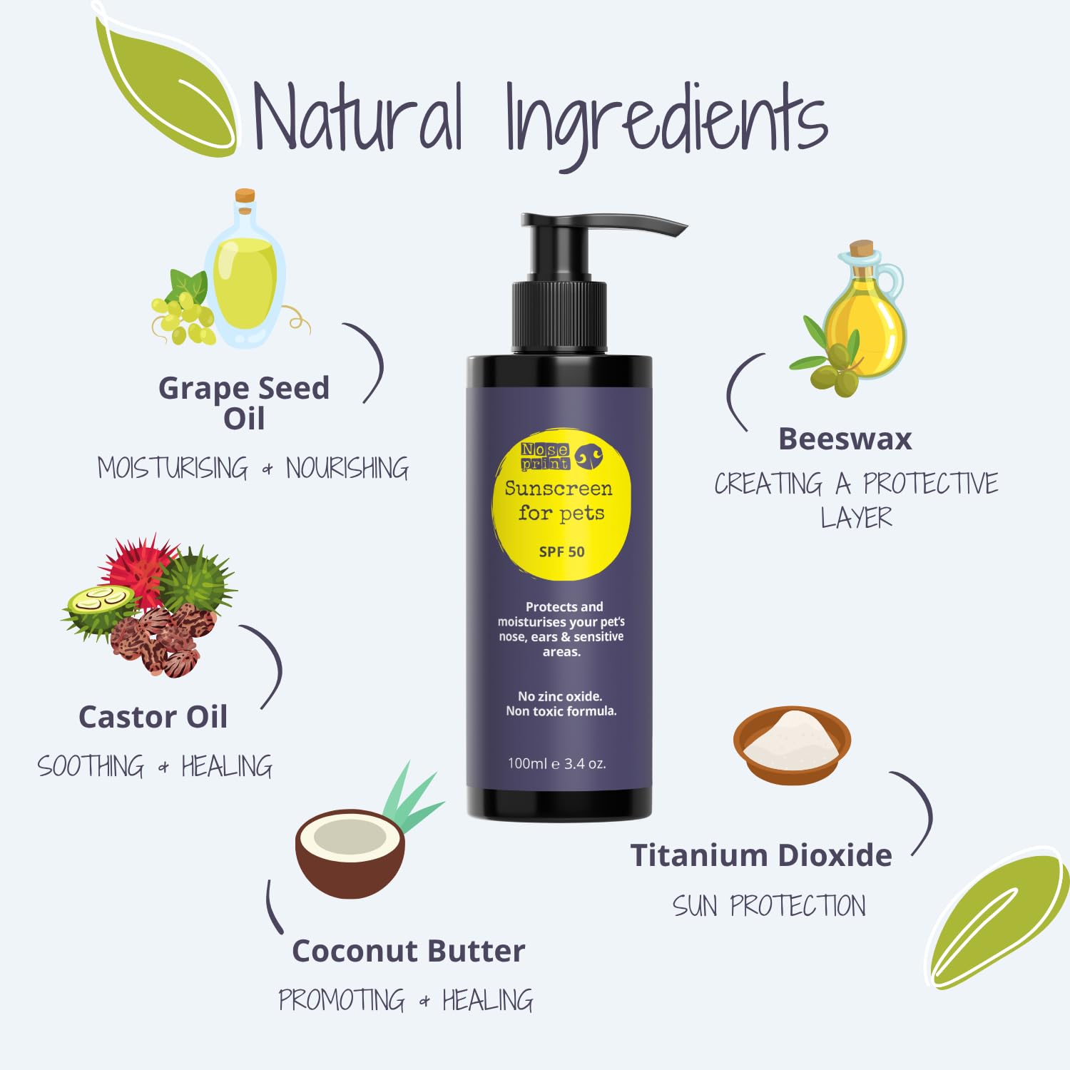 Noseprint SPF 50 Pet Sunscreen Lotion Bottle with Pump Sun Protection for Pets 100 ML | Moisturising Sunscreen for Dogs and Cat Non-Toxic Formula Dog Nose | Dog Paw Balm Sun Cream Balm