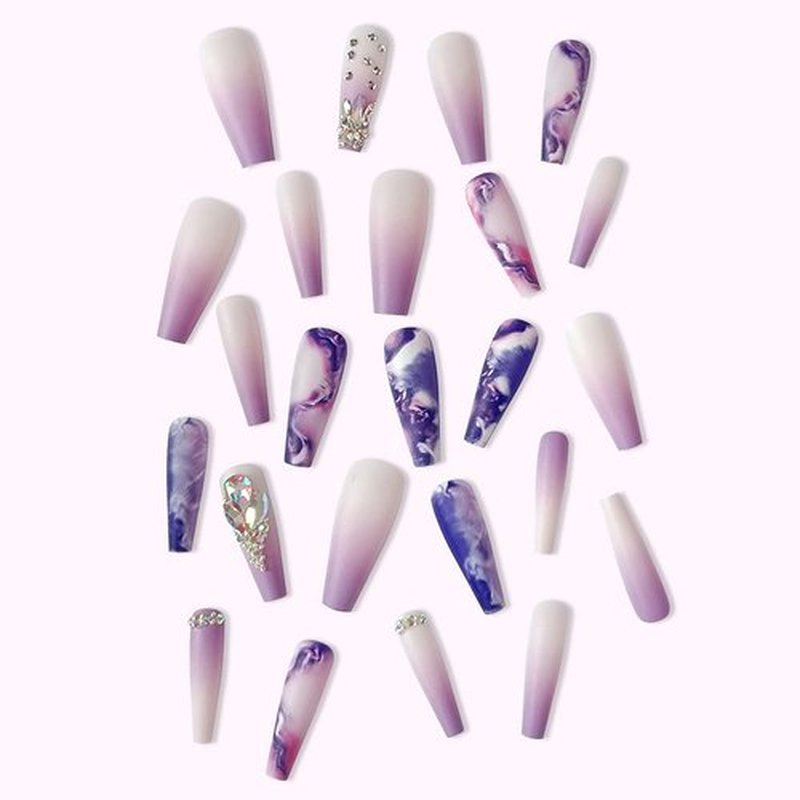 24 Pcs Press on Nails Long, Violet Fake Purple Full Cover False Nails with Rhinestone Designs Extra Long Glue on Nails Acrylic Nails for Women and Girls