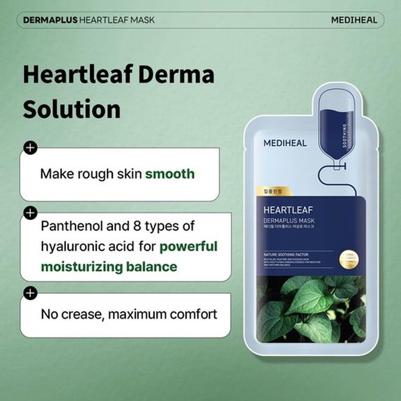 Mediheal Dermaplus Heartleaf Mask - Vegan Soothing Sheet Mask with Panthenol & Hyaluron | 10 Counts