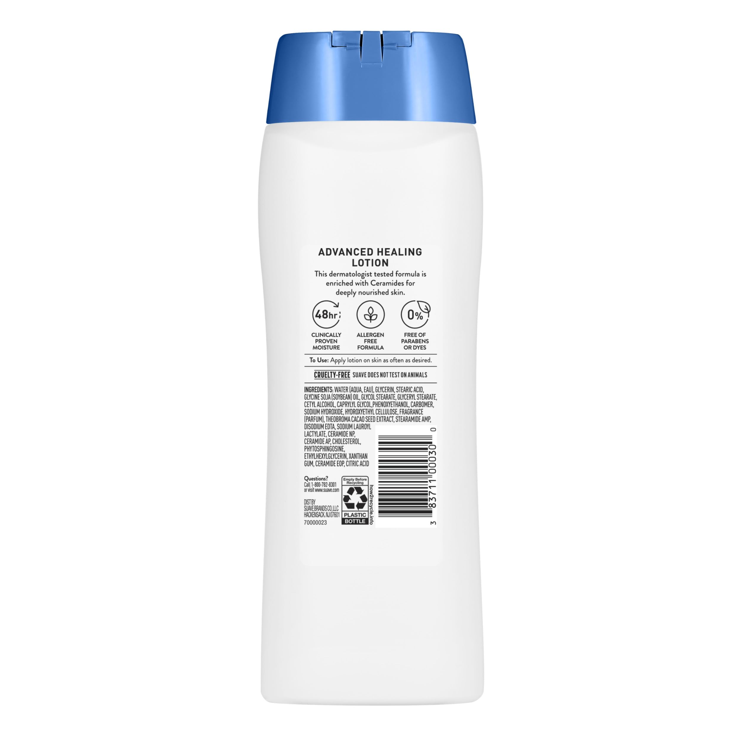 Suave+ Advanced Healing Hand & Body Lotion for Women With Ceramides for Very Dry Skin, Hydrating, Non-Greasy, Allergen-Free Moisturizing Cream, Lightly Scented, 18 FL OZ, 6 Pack