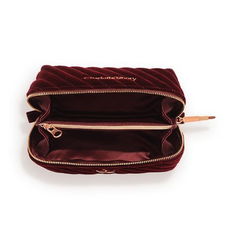 Charlotte Tilbury Makeup Bag - Quilted Velvet Cosmetic Organizer with 5 Compartments & Zip Pocket - Iconic Night Crimson