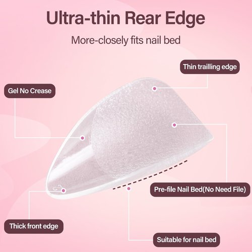 Misssix Short Almond Gel Nail Tips, 216Pcs Pre Etched Clear Fake Nails, Full Cover Soft Acrylic False Nail Glue and Nail Glue Remover for Women 12 Sizes