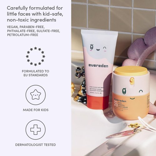 Evereden Kids Healthy Morning Duo Spa Headband for Girls: Clean & Vegan Skin Care Bundle | Cloud Face Wash + SPF 20 Mineral Face Cream | Non-Toxic | Easy-to-Use Skincare