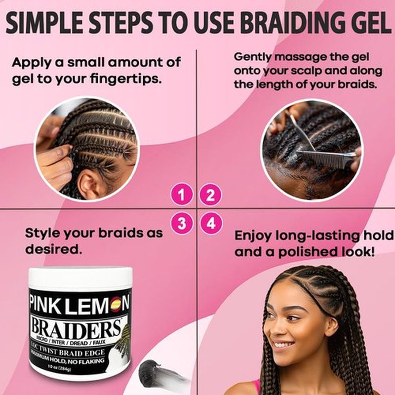PINK LEMON Braiding Gel (5 oz) - Maximum Hold, No Flaking, Long Lasting Hold, High Shine. For Micro, Inter, Dread, Faux, Loc, Twist, Braid, Edge.