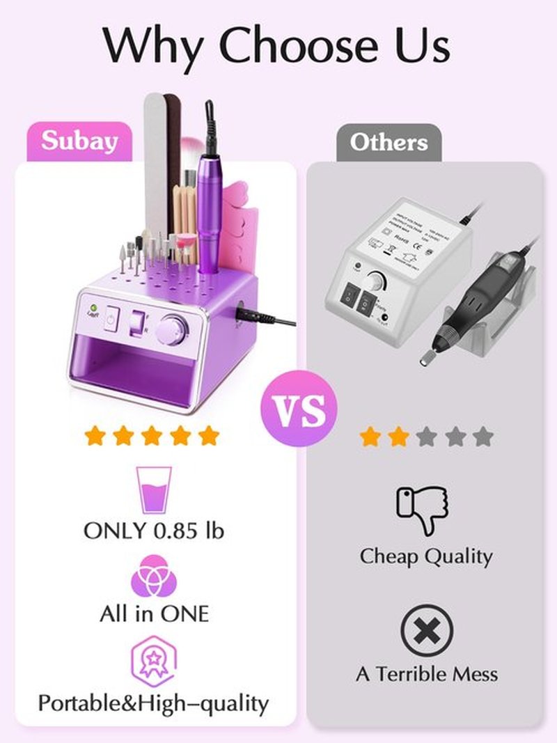 Subay Nail Drill Machine Electric File, Portable for Acrylic Gel Dip Powder Nails, Nail Drill Kit for Manicure Pedicure, Nail Set with Everything, Purple