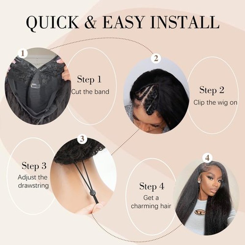 Goulus Kinky Straight V Part Wig Human Hair 18 Inch V Part Wig For Women with Drawstring 180% Density Upgrade Glueless U Part Wig No Leave Out No Sew In Kinky Straight Human Hair Wigs Natural Black