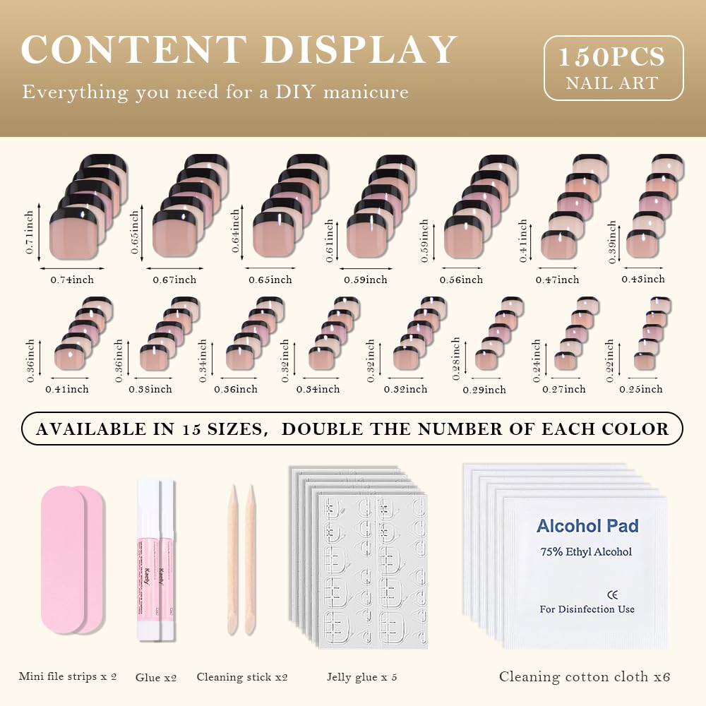 XZMeiLun Black French Tips Press on Toenails Short Square, Real Acrylic Designs Toe Nails Press Ons Set, Artificial False Toenails for Women with Glue/Sticker On Toenails, Fake Toes nail Kit 150Pcs