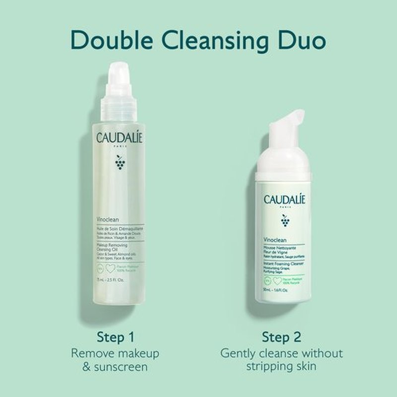 Caudalie Vinoclean Duo Gift Set, Makeup Removing Cleansing Oil 75 mL and Instant Foaming Cleanser 50 mL