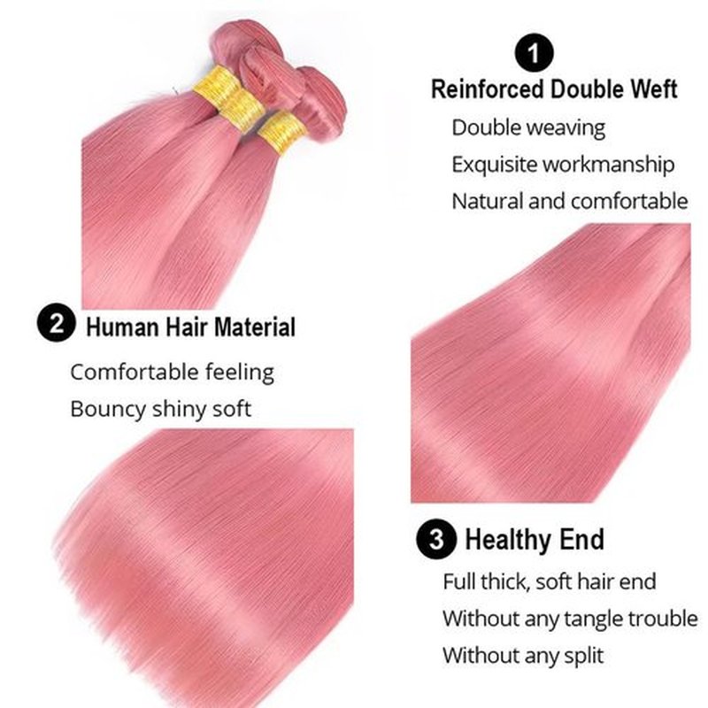 FuivJuix Pink Bundles Straight Bundles Human Hair 20 22 24 Inch Brazilian Virgin Hair 3 Bundle Pink Straight Bundles Human Hair Extensions 50 Gram Per Bundle