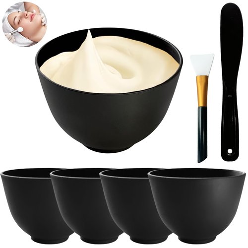 Bigwinyep 7Pcs Silicone Mixing Bowls, Silicone Bowls for Facials, DIY Face Mask Mixing Bowl for Home Salon Spa Face Skin Applicator Bowl, Black