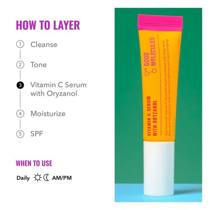 Good Molecules Vitamin C Serum with Oryzanol - Face Serum to Promote Even Skin Tone, Anti-Aging, and Brightening - Skin Care for Face