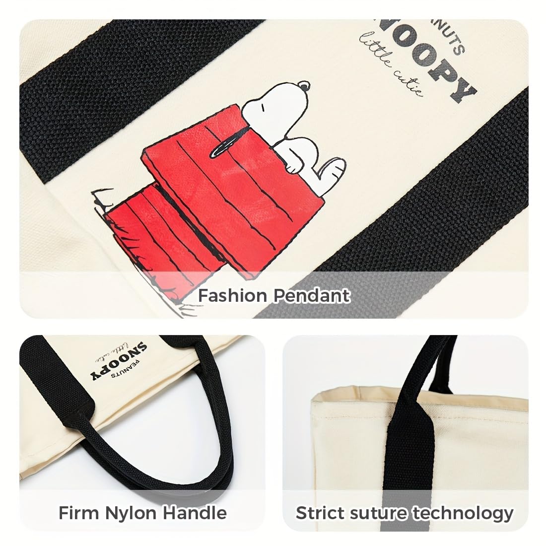 MINISO Snoopy Tote Bag,Peanuts Summer Travel Series Lightweight Canvas Handbag, 11.4" Multipurpose Use Grocery and Carry Bags for Men Women, Beige