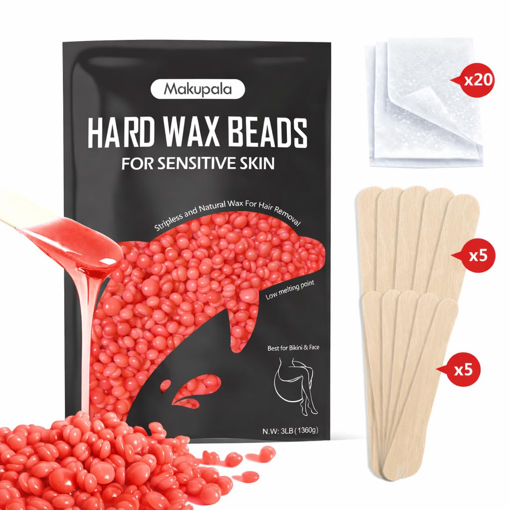 3lb Coral Red Gel Wax Beads, Hypoallergenic & Stripless, Unscented for Sensitive Skin, Coarse & Fine Hair Removal for Full Body, Bikini & Brazilian, Includes 10 Wooden Sticks & 20 Cooling Care Sheets
