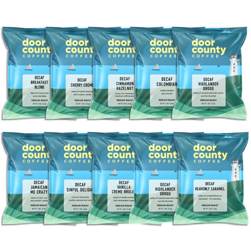 Door County Coffee Gourmet Decaf Coffee Sampler Pack | 10 Unique Flavored Bags | 100% Specialty Grade 1 Arabica | 1.5 oz Full-Pot Bags
