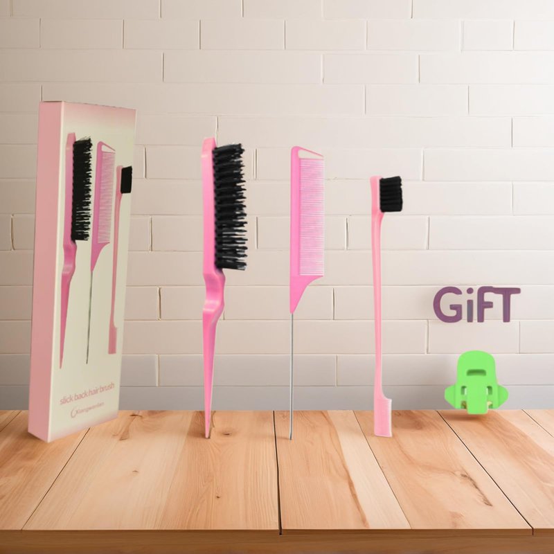 xiangwenlan Pink Comb Set 3 piece, Slick Back Brush with Edge, styling comb for kids for middle part，Rat Tail Comb, Teasing Set for Smoothing brush Baby Hair