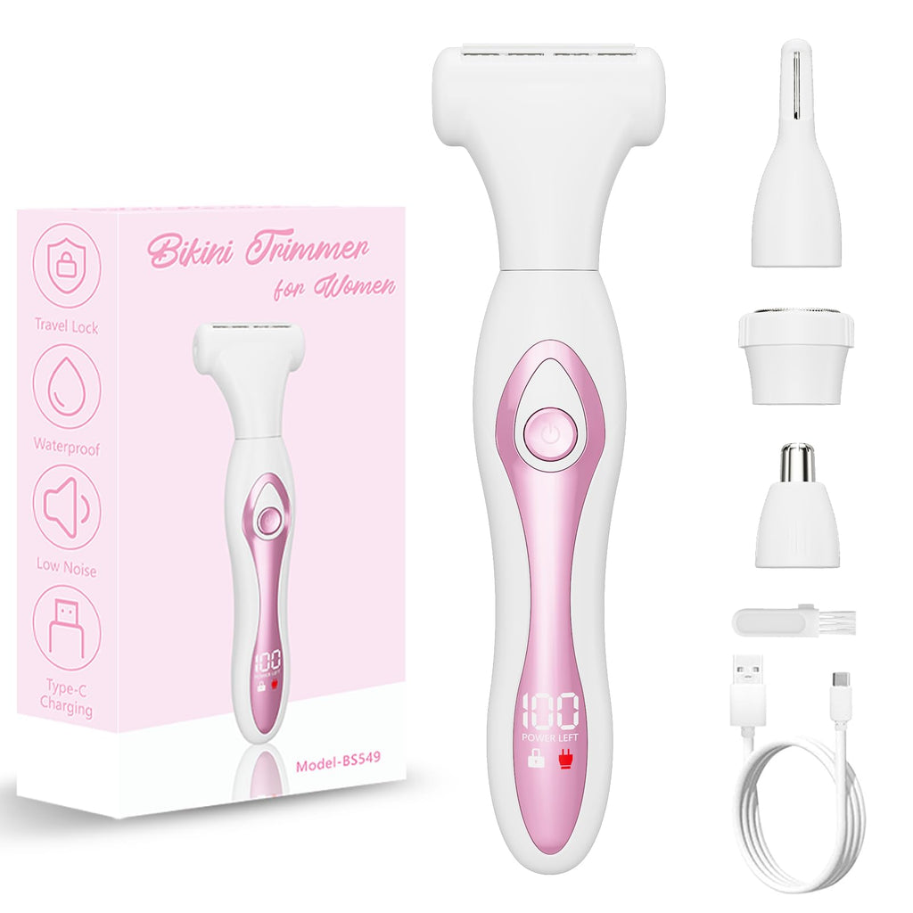 Electric Razor for Women 4-in-1 Bikini Trimmer & Body Shaver for Face, Legs, Underarms, Pubic Hair – Rechargeable Wet/Dry Painless Hair Removal with LED Display (Pink)