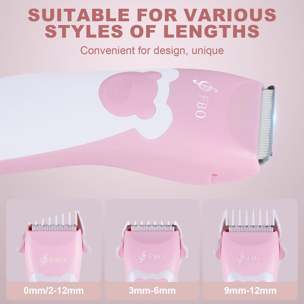 FBO Baby Hair Clipper, Professional Quiet Waterproof Painless Body Hair Trimmer, Multi-Purpose Grooming Kit for Infants, Toddlers & Adults, Home and Salon Use, Pink Bear