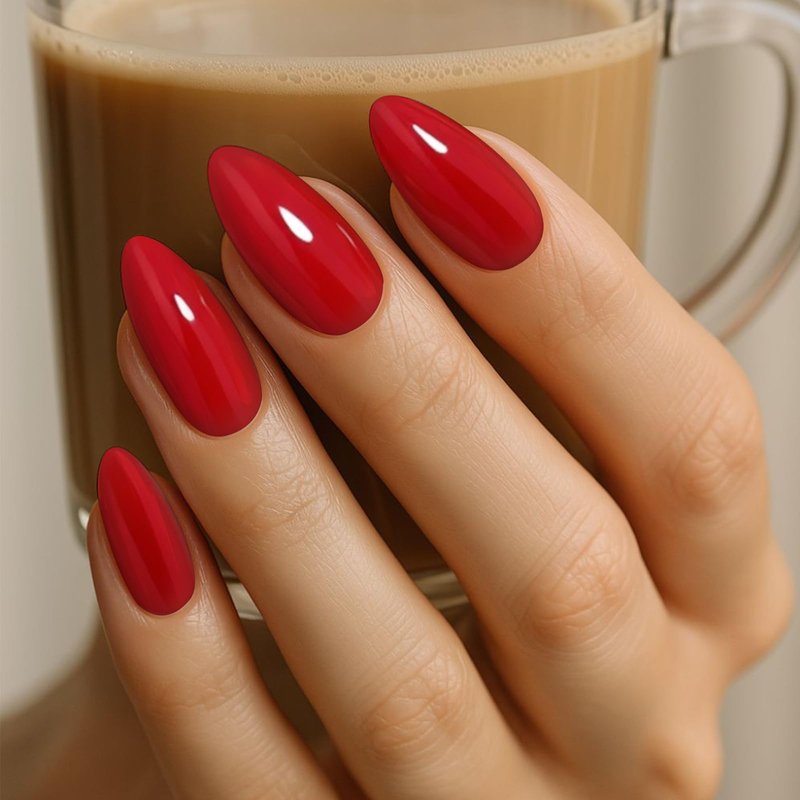 Yersunsy 24Pcs Press on Nails for Women Girl, Solid Color Medium Almond Fake Nails Glossy Artificial Fingernail, Reusable with Adhesive Tabs for Gift Parties Festival Makeovers (Red)