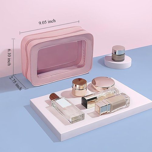 Skiennix Waterproof Makeup Bag - 2 Pack Portable Travel Cosmetic Organizer | Clear Vinyl Windows & Zippers (Pink)