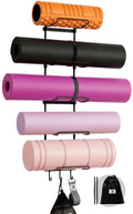 Slim Panda Yoga Mat Holder Wall Mount With Mesh Bag,Yoga Accessories Storage Rack,Home Gym Organizer with 5-Tier & 3 Hooks for Hanging Yoga Mats, Foam Roller, Resistance Bands & Yoga Accessories