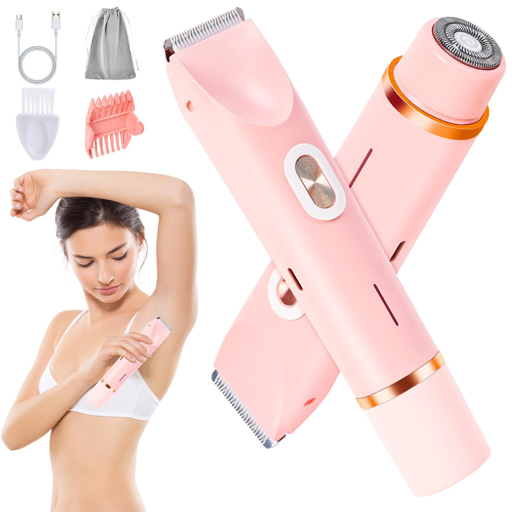 2 in 1 Bikini Trimmer for Women, Dual Head Electric Shaver, IPX7 Waterproof Wet & Dry Ceramic Blade Razors for Pubic Hair, Bikini Line, Legs, Underarms, Face, USB-C Rechargeable, Self-Care Gift, Pink