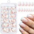 Loveourhome 144pc Ombre Coffin Press on Nails Short Fake Nails Pink White Glue on Nail Ombre Acrylic Nails Press on Nails Short False Nail Women Artificial Fingernails with Glue Adhessive Tabs