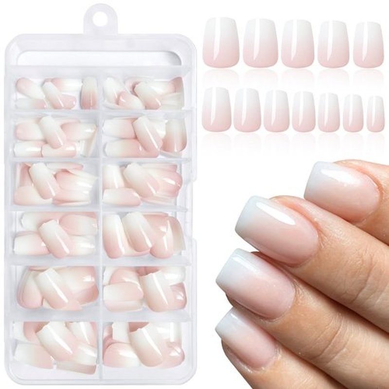 Loveourhome 144pc Ombre Coffin Press on Nails Short Fake Nails Pink White Glue on Nail Ombre Acrylic Nails Press on Nails Short False Nail Women Artificial Fingernails with Glue Adhessive Tabs