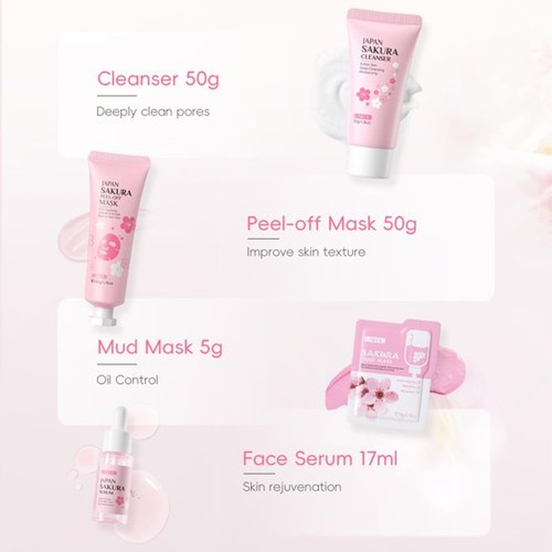 LAIKOU Sakura Skincare Set for Teen Girls, Complete 34PCS Face Care Kit, Christmas Pamper Gift Set for Women & Teenage Girls, Hydrating & Nourishing Travel-Friendly Daily Facial Skincare Routine