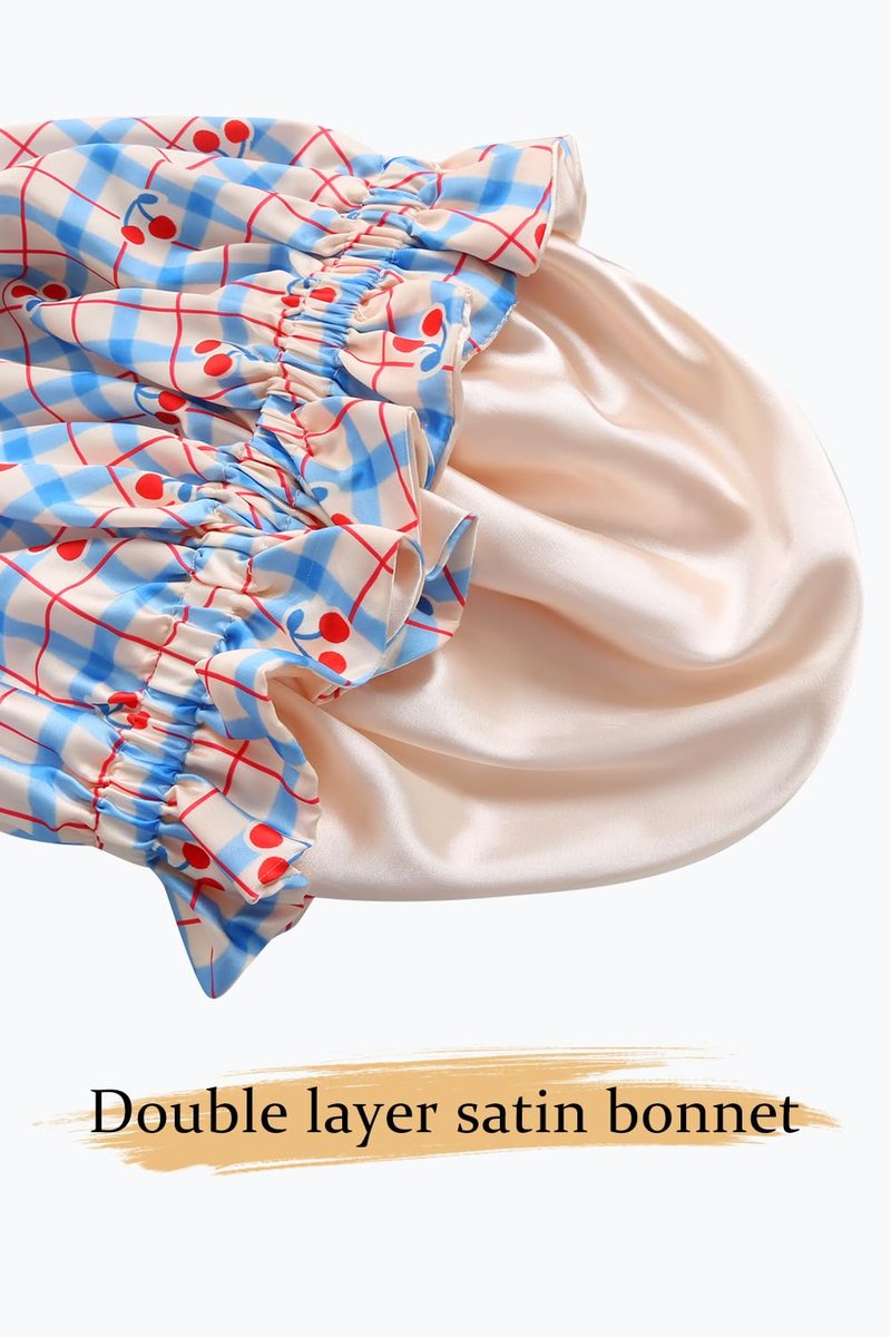 Vettres Floral Satin Bonnet with Scrunchie Set,Double Layer Ruffle Reusable Sleeping Shower Cap for Curly Hair Blue-cherry